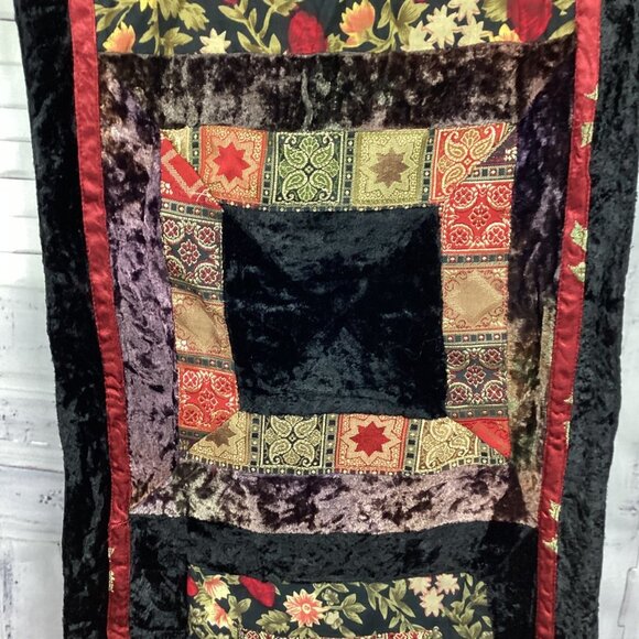 Black Velvet Quilted Boho Table Runner Vintage - Picture 3 of 9